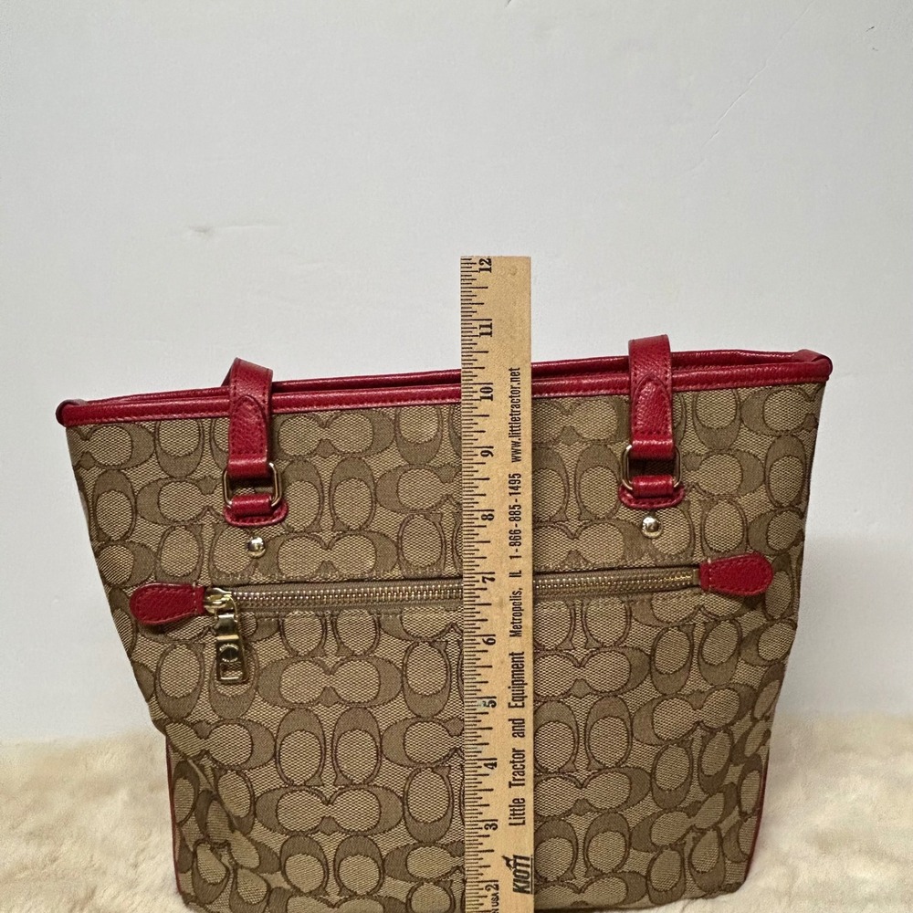 Coach Signature Gallery Tote Khaki Red Leather Trim Canvas Shoulder Bag F55364 - Picture 5 of 15
